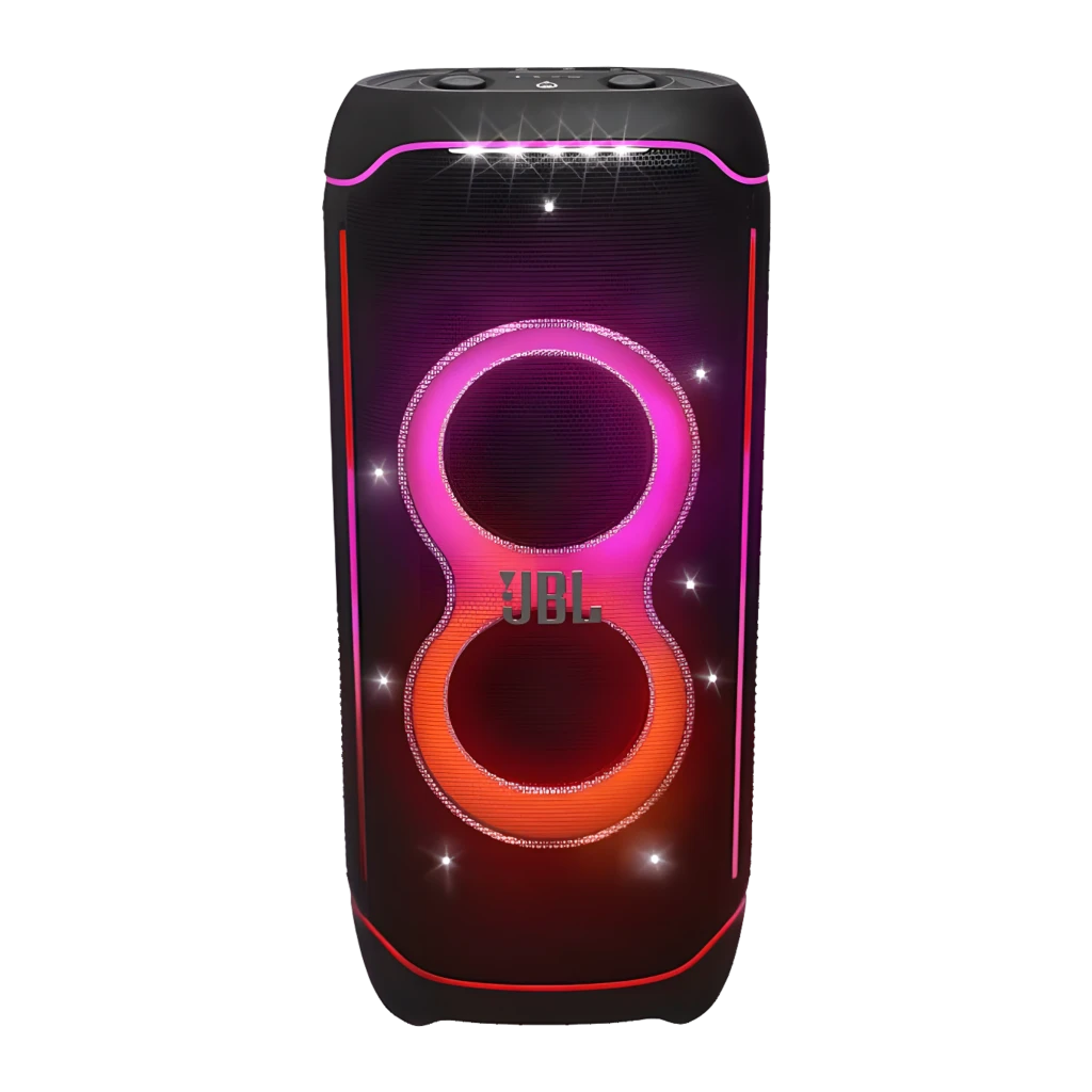 JBL PartyBox Ultimate Negro, vista angular frontal: luces LED naranjas encendidas, panel de controles superior con gotas de - Ítem4