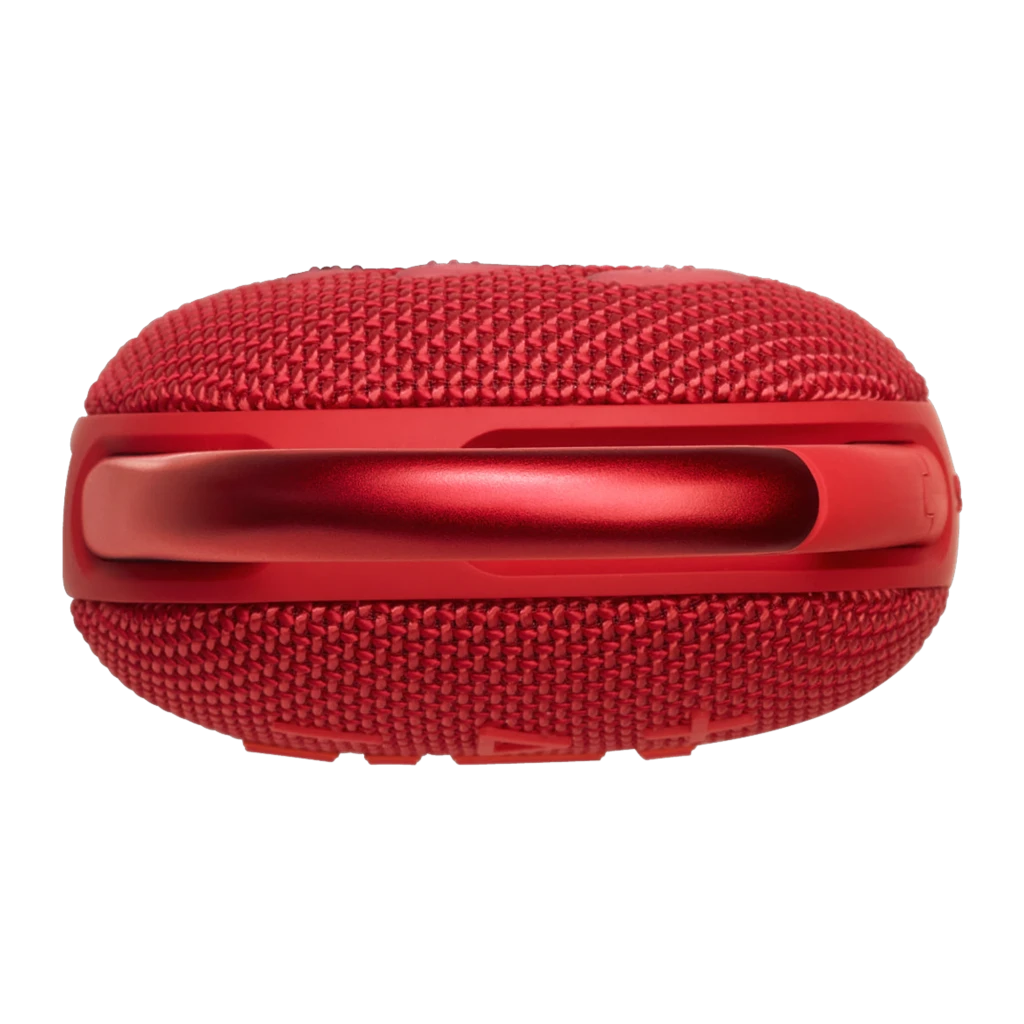 JBL Altavoz Bluetooth Clip 5 Rojo, vista frontal: rejilla textil, logo JBL, botones y mosquetón abierto - Ítem2