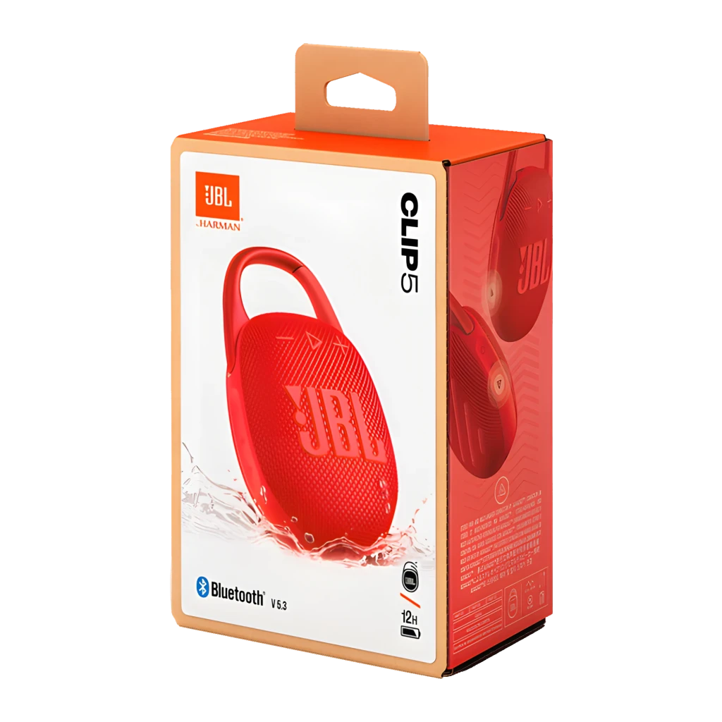 JBL Altavoz Bluetooth Clip 5 Rojo, vista frontal: rejilla textil, logo JBL, botones y mosquetón abierto - Ítem5