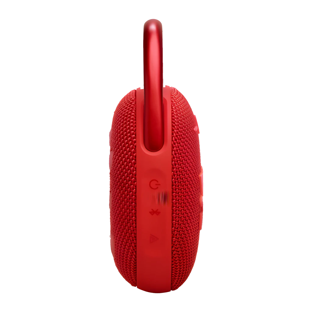 JBL Altavoz Bluetooth Clip 5 Rojo, vista frontal: rejilla textil, logo JBL, botones y mosquetón abierto - Ítem3