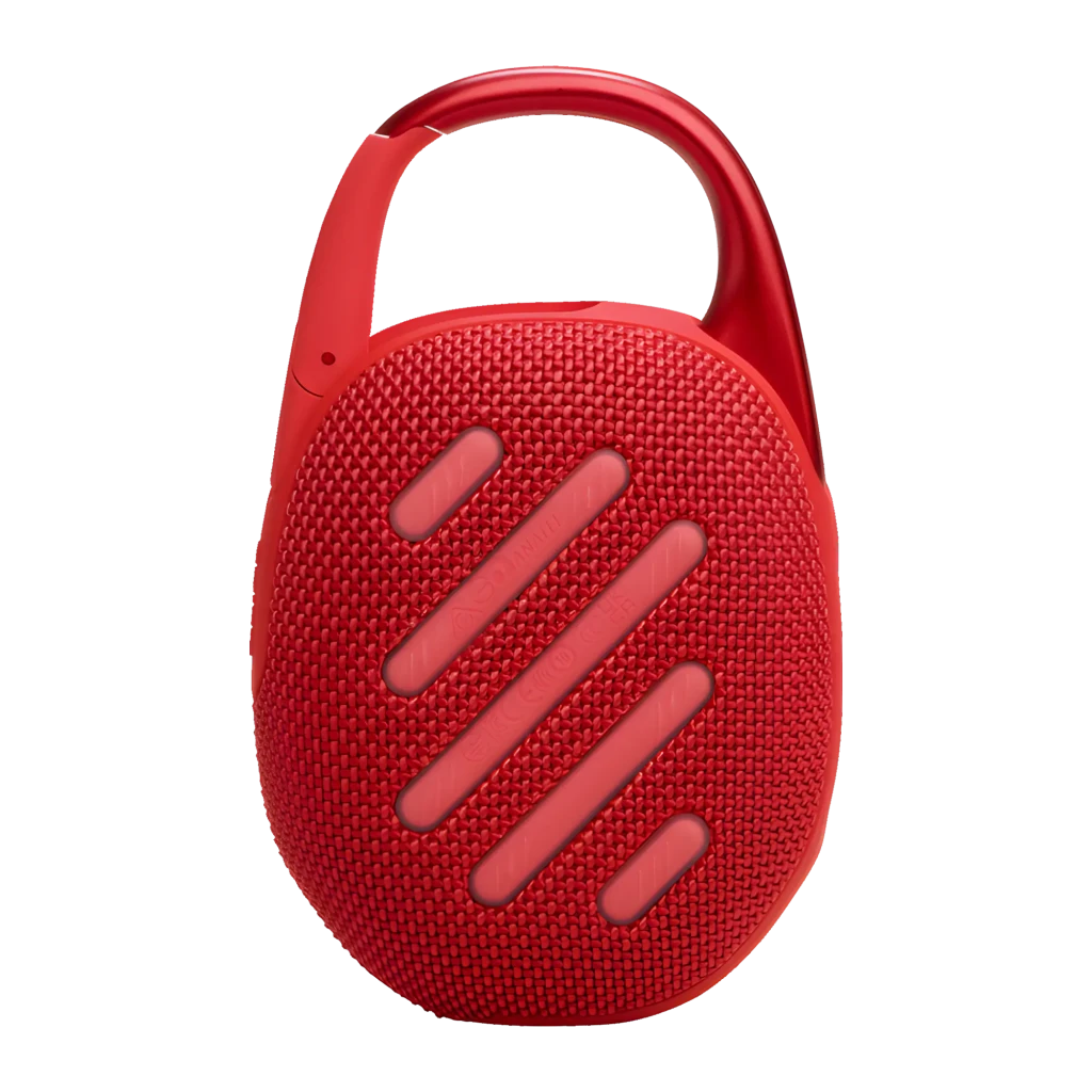 JBL Altavoz Bluetooth Clip 5 Rojo, vista frontal: rejilla textil, logo JBL, botones y mosquetón abierto - Ítem4