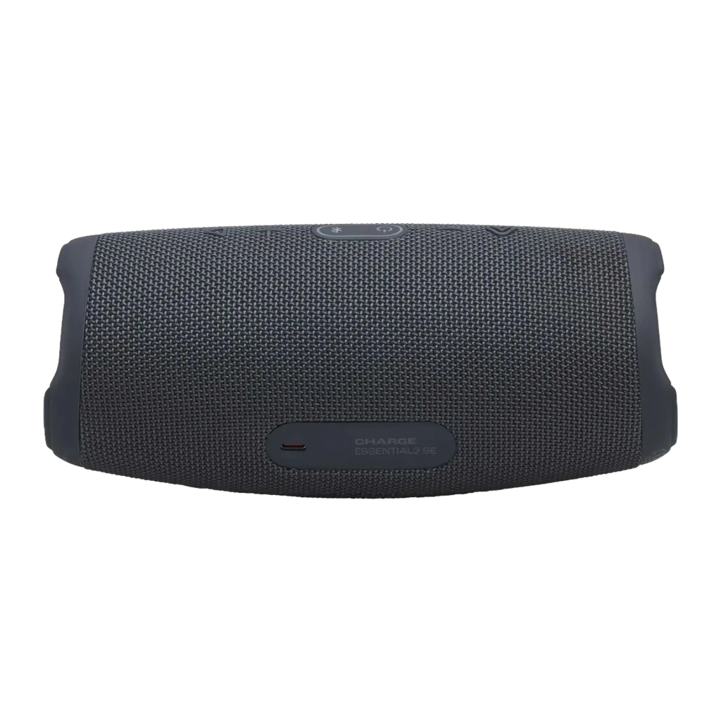 JBL Charge Essential 3 SE negro, vista frontal en ángulo: tela tejida, logo JBL y pasivo de graves izquierdo visibles - Ítem1