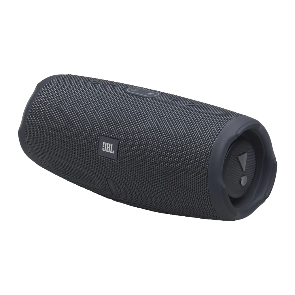 JBL Charge Essential 3 SE negro, vista frontal en ángulo: tela tejida, logo JBL y pasivo de graves izquierdo visibles - Ítem2