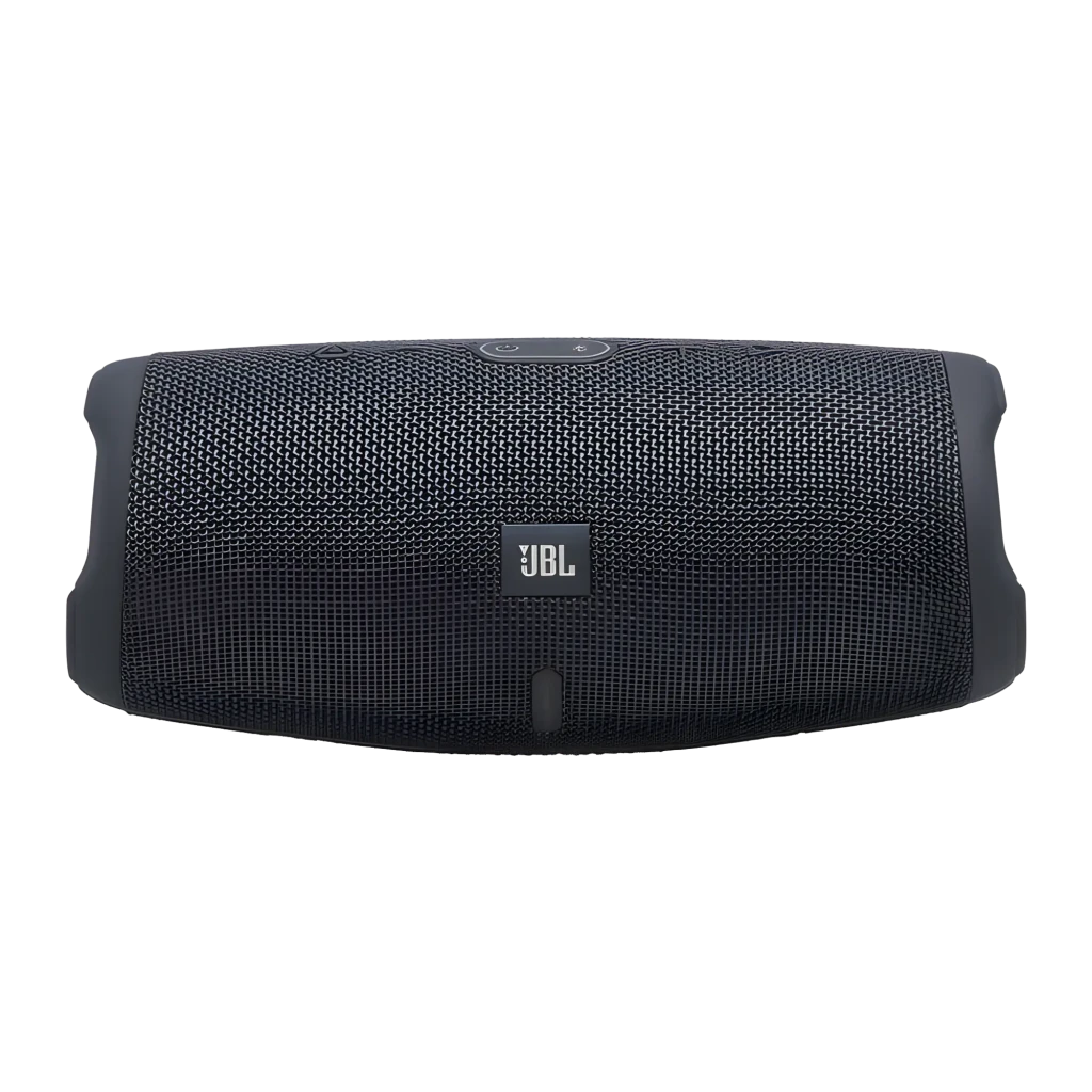 JBL Charge Essential 3 SE negro, vista frontal en ángulo: tela tejida, logo JBL y pasivo de graves izquierdo visibles - Ítem6