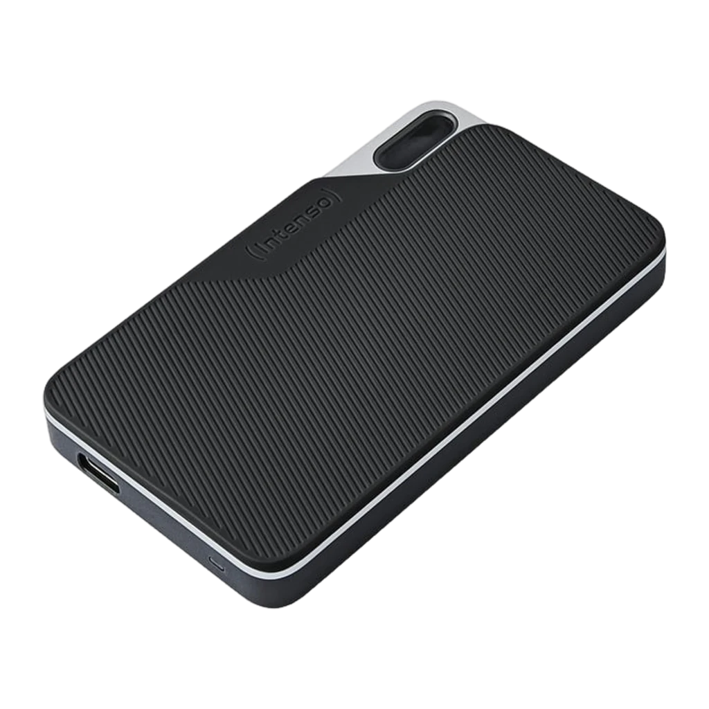 Intenso SSD externe TX100 500GB noir, vue avant: surface striée, bande argentée supérieure et logo Intenso - Ítem1