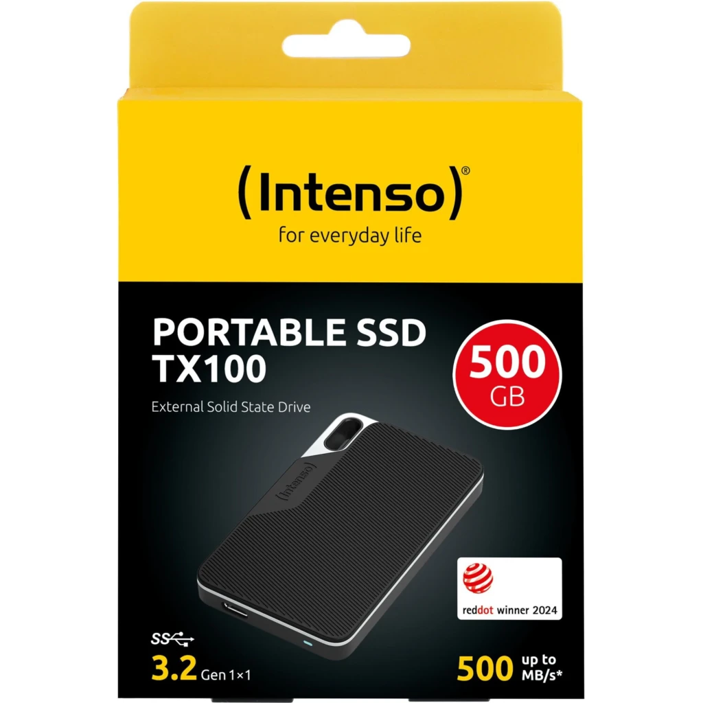 Intenso SSD externe TX100 500GB noir, vue avant: surface striée, bande argentée supérieure et logo Intenso - Ítem2