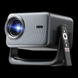 Dangbei N3 Max Proyector 4K negro, vista lateral: lente iluminada, soporte integrado y mando a distancia