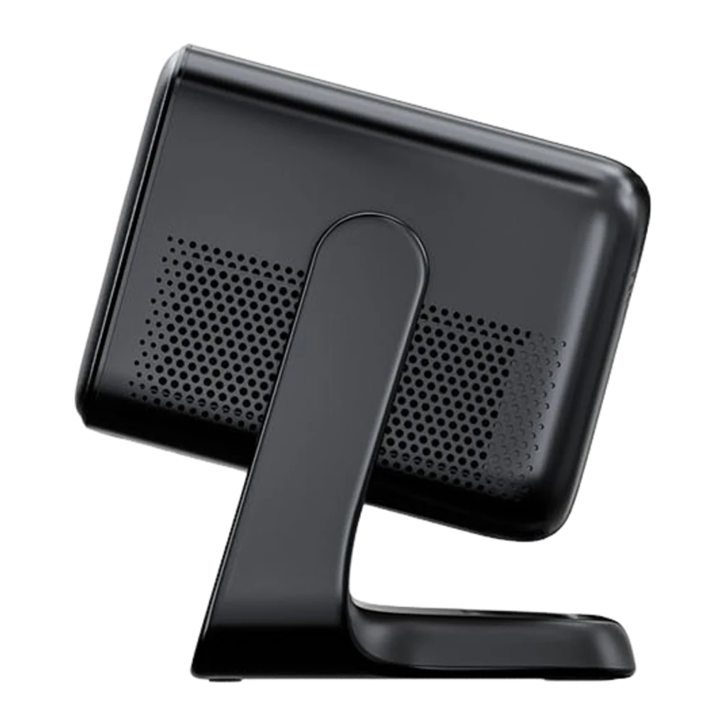 Dangbei N3 Max Projetor 4K preto, vista lateral: lente iluminada, suporte integrado e controlo remoto - Item2