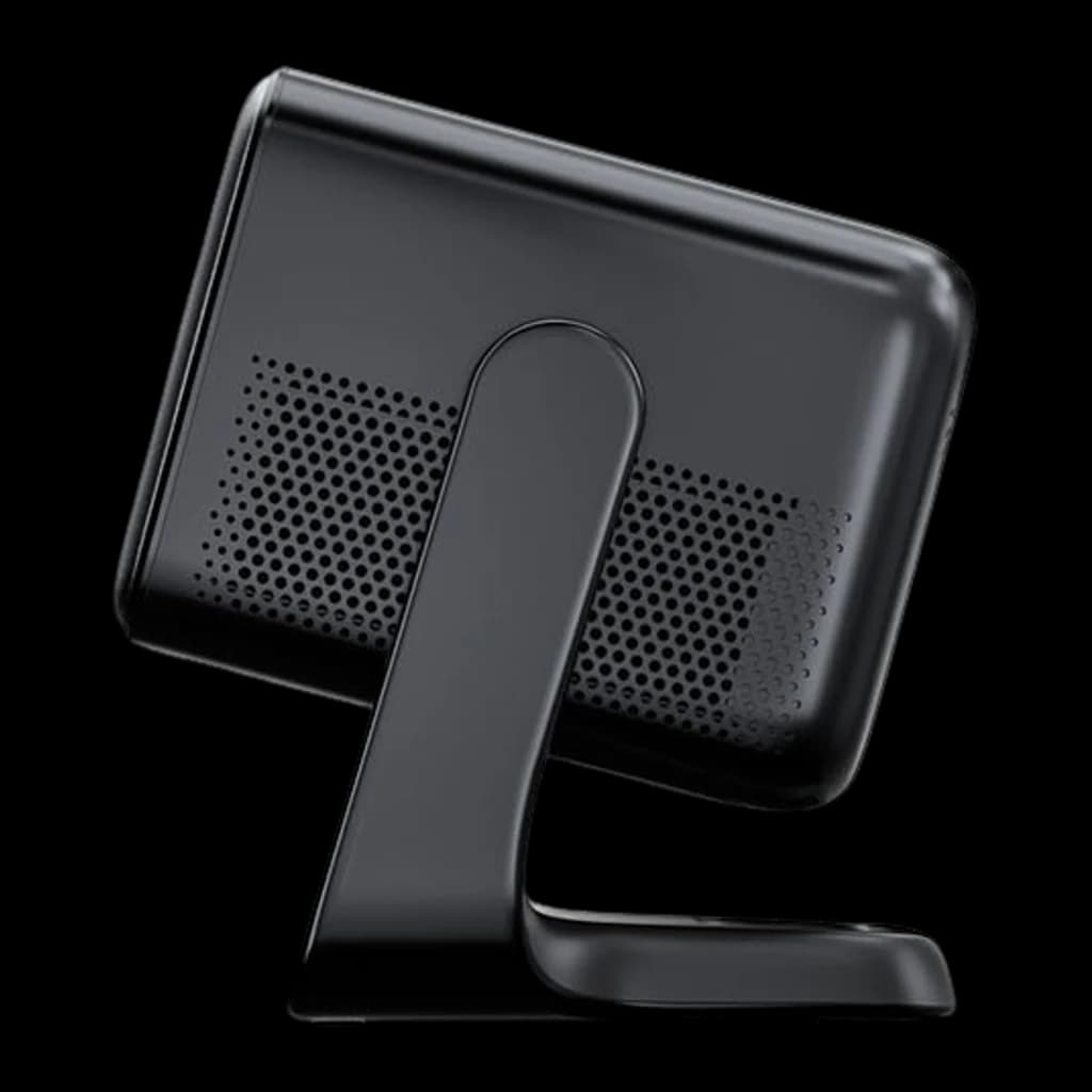 Dangbei N3 Max Proyector 4K negro, vista trasera: rejillas de ventilación perforadas y soporte integrado en ángulo lateral