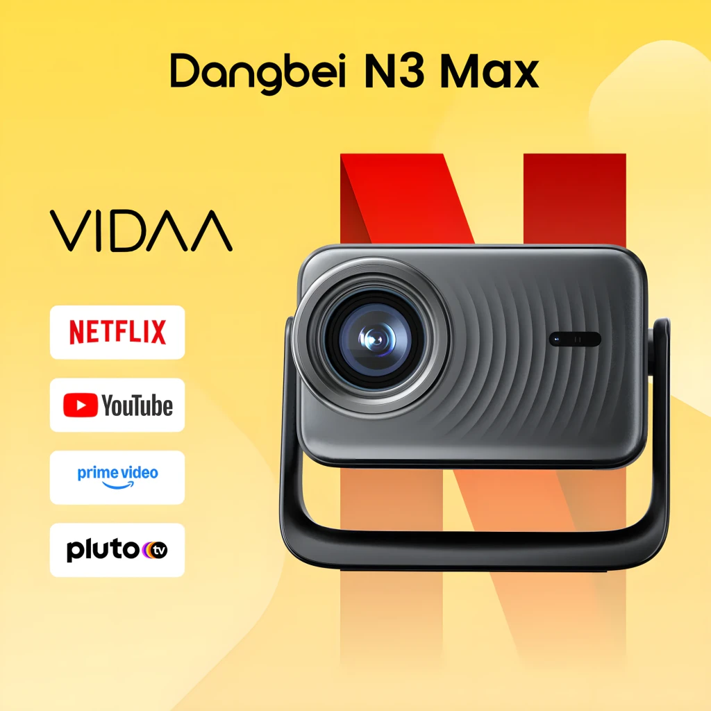 Dangbei N3 Max Projetor 4K preto, vista lateral: lente iluminada, suporte integrado e controlo remoto - Item5