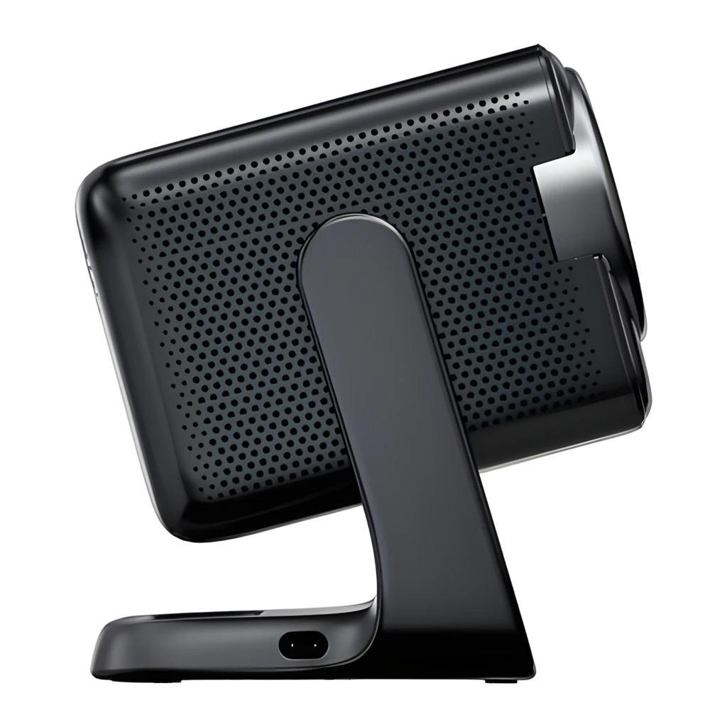 Dangbei N3 Max Projetor 4K preto, vista lateral: lente iluminada, suporte integrado e controlo remoto - Item3