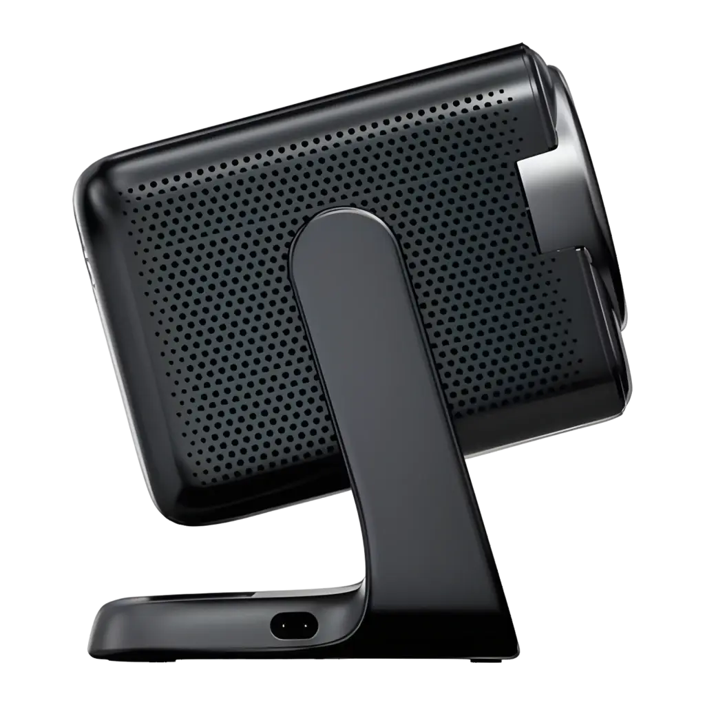 Dangbei N3 Max Proyector 4K negro, vista trasera: rejilla de ventilación perforada y soporte plegable desplegado
