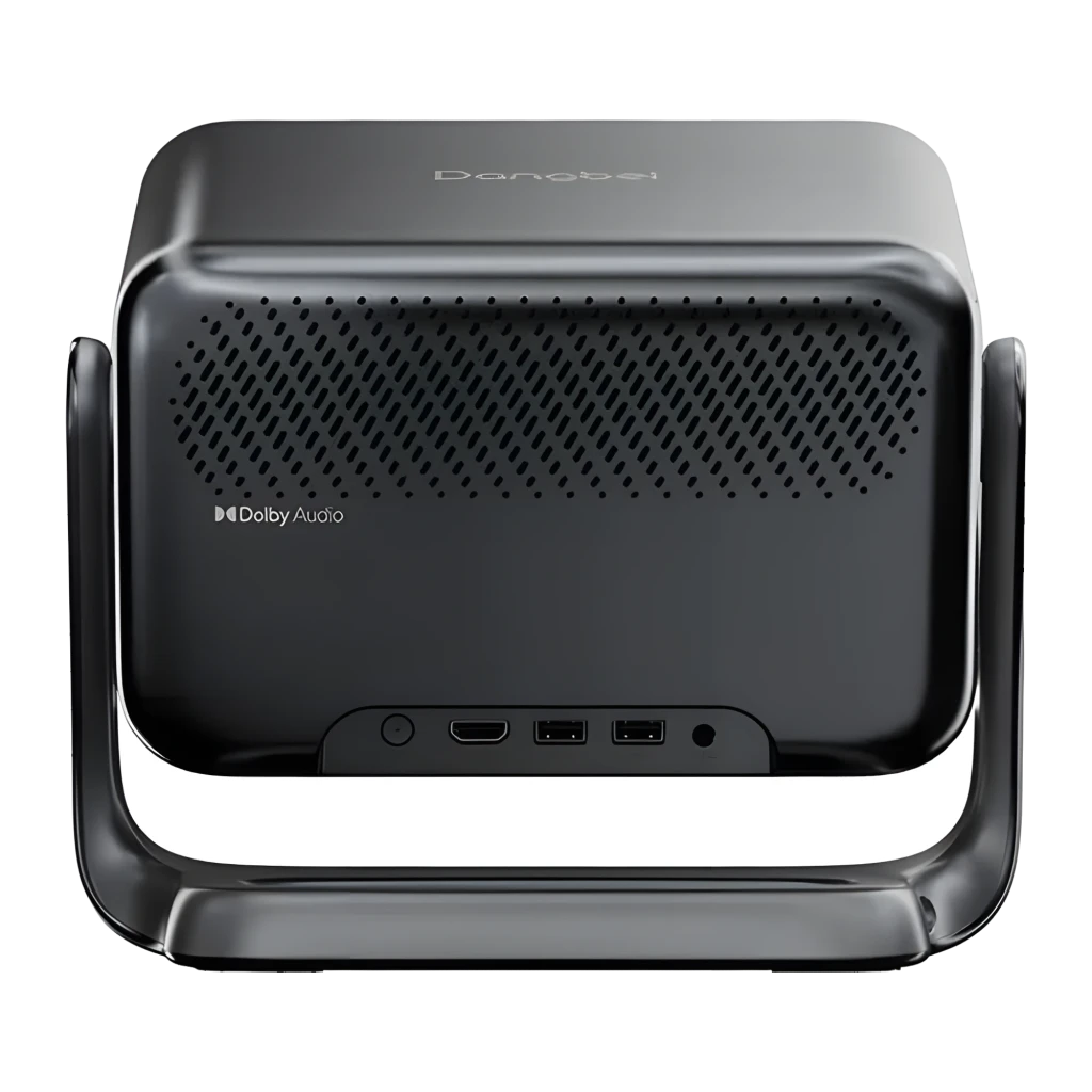 Dangbei N3 Max Projetor 4K preto, vista lateral: lente iluminada, suporte integrado e controlo remoto - Item4