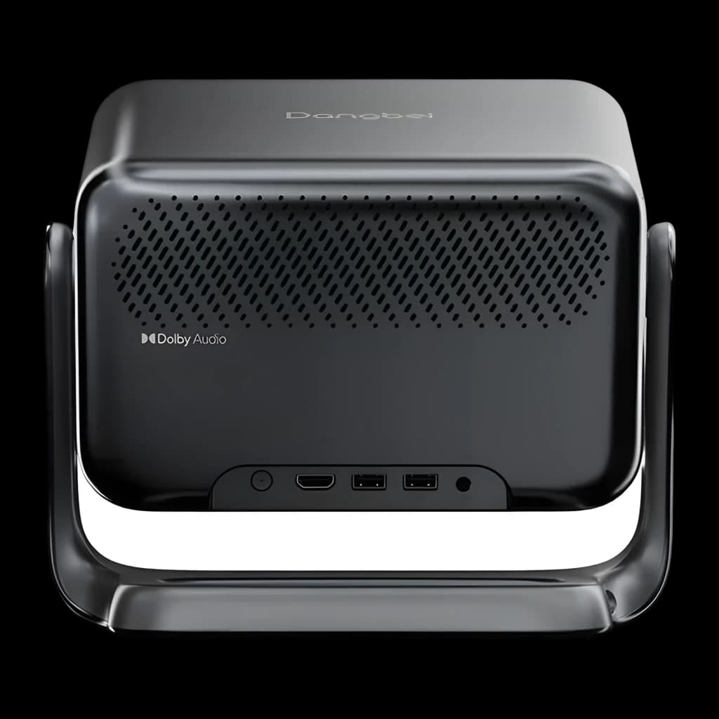 Dangbei N3 Max Proyector 4K Negro, vista trasera: rejilla altavoz Dolby Audio, puertos HDMI USB y soporte giratorio
