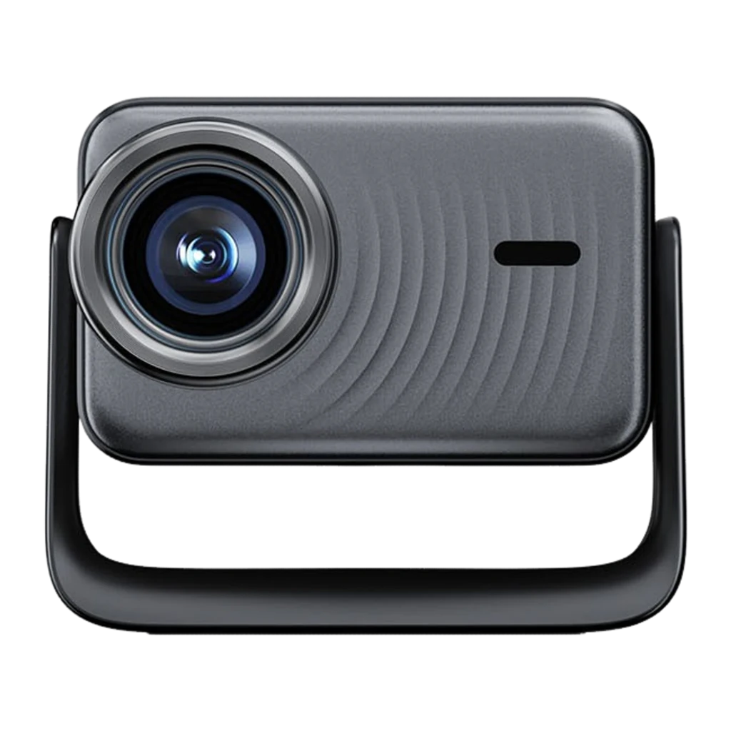 Dangbei N3 Max Projetor 4K preto, vista lateral: lente iluminada, suporte integrado e controlo remoto - Item1