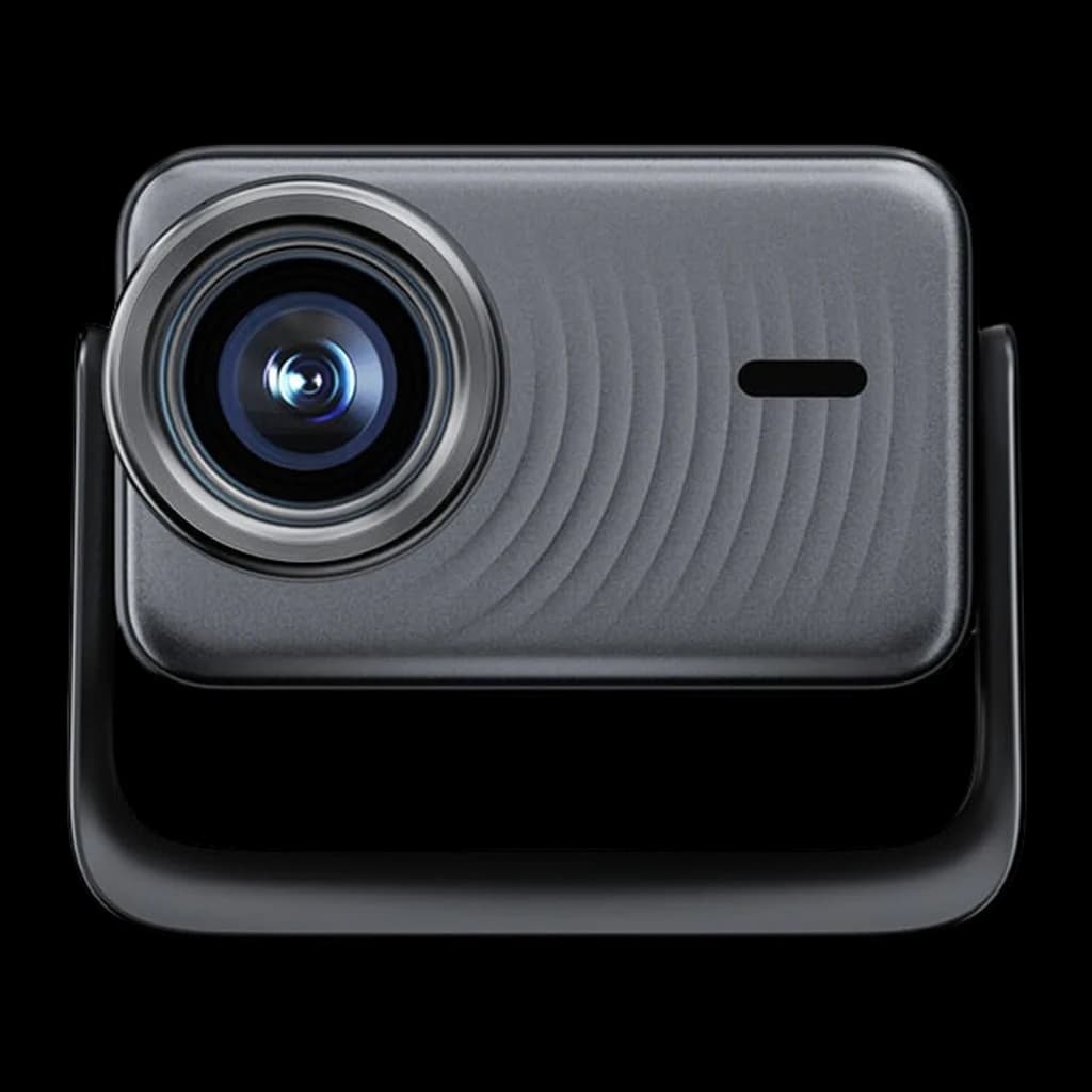 Dangbei N3 Max Proyector 4K negro, vista frontal: lente grande con recubrimiento azul y textura ondulada en carcasa gris