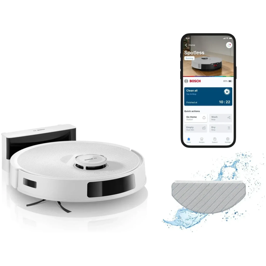 Bosch Robot aspirador e esfregão BCRC2W branco, vista em ângulo com base de carga: robô acoplado à estação branca e preta - Item2