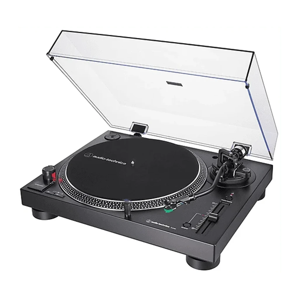 Audio-Technica AT-LP120XBT-USB noir, vue en perspective: platine avec couvercle acrylique ouvert, plateau, bras de lecture - Ítem1