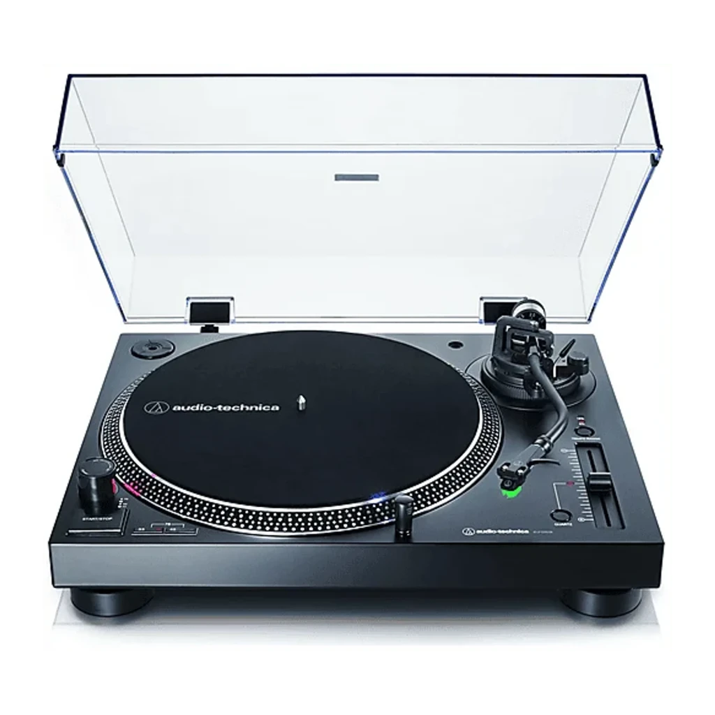 Audio-Technica AT-LP120XBT-USB noir, vue en perspective: platine avec couvercle acrylique ouvert, plateau, bras de lecture - Ítem2