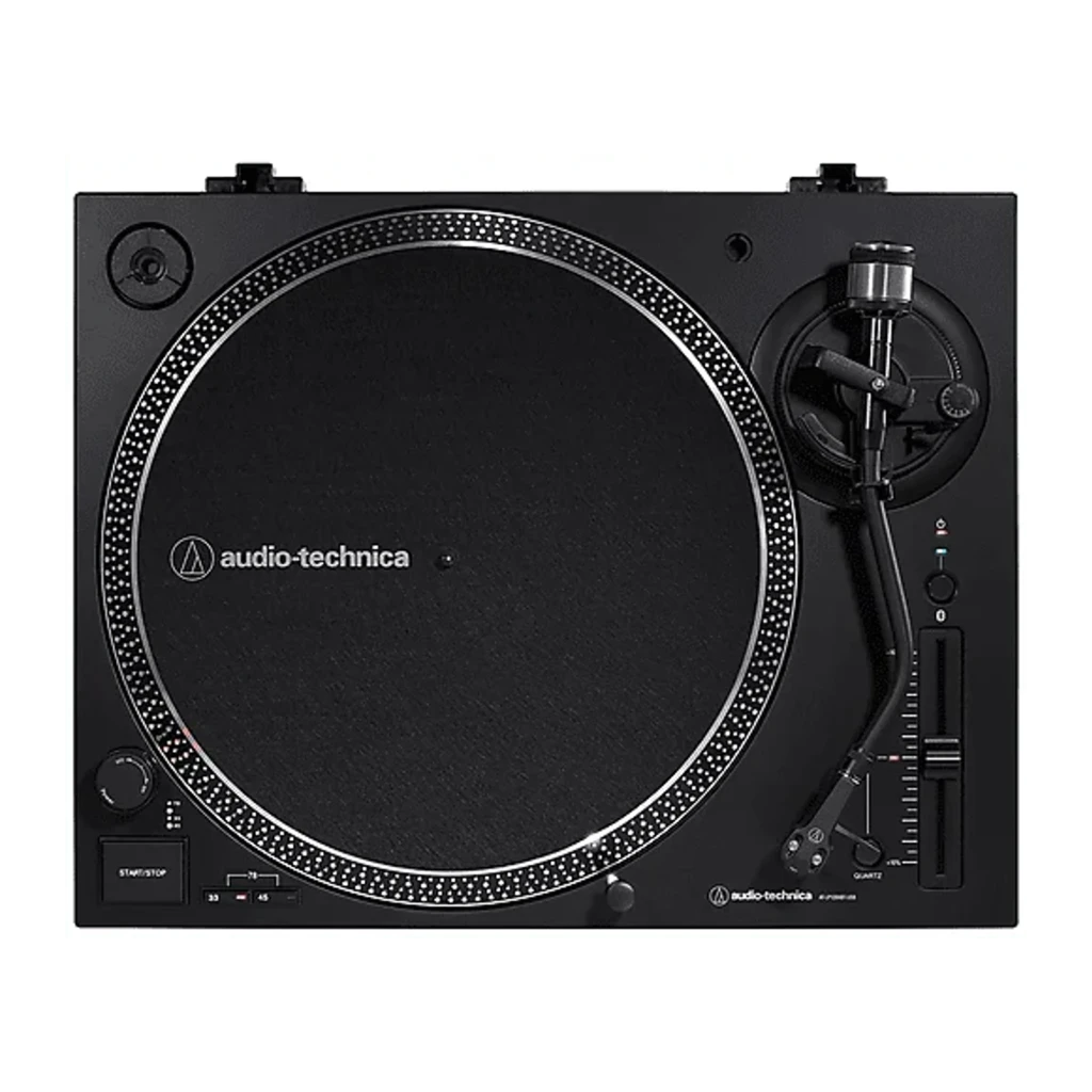Audio-Technica AT-LP120XBT-USB noir, vue en perspective: platine avec couvercle acrylique ouvert, plateau, bras de lecture - Ítem3