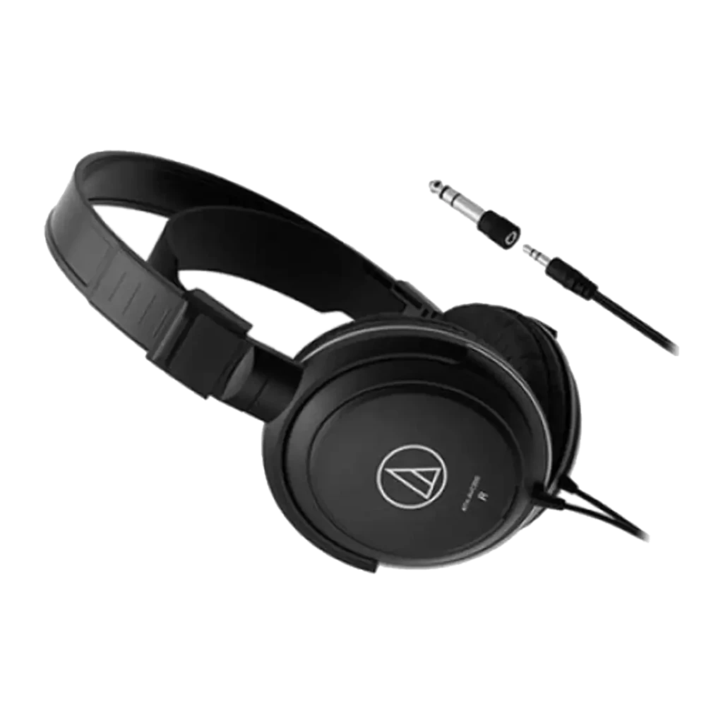 Audio-Technica ATH-AVC200 noir, vue latérale avec adaptateur: casque et jack doré 6,35 mm visible à côté du câble - Ítem3