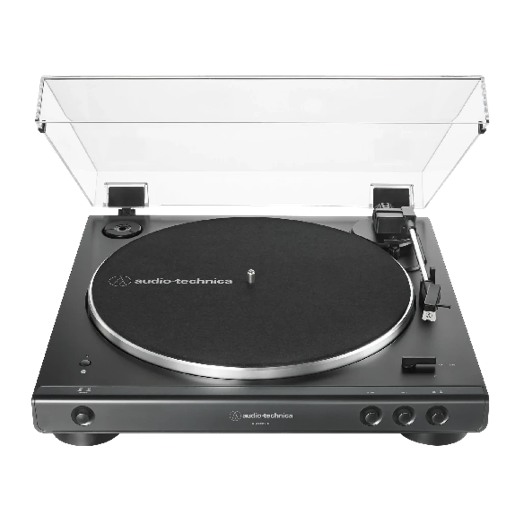 Audio-Technica AT-LP60XBT noir, vue en perspective: couvercle acrylique ouvert, plateau argenté, bras de lecture et boutons - Ítem3