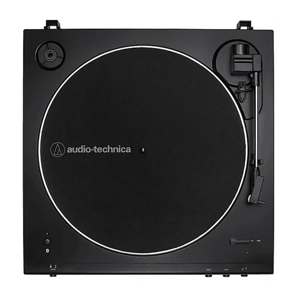 Audio-Technica AT-LP60XBT noir, vue en perspective: couvercle acrylique ouvert, plateau argenté, bras de lecture et boutons - Ítem4
