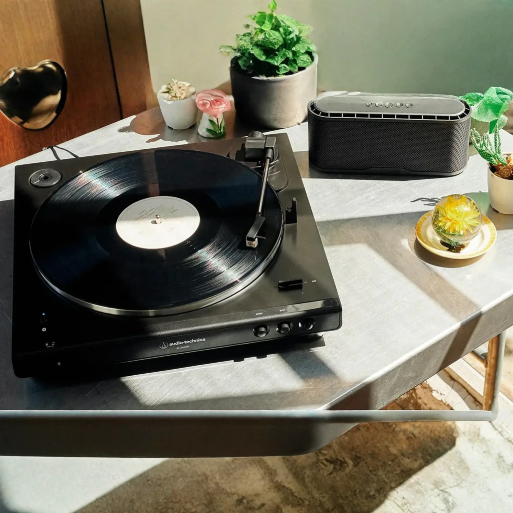 Audio-Technica AT-LP60XBT noir, vue en perspective: couvercle acrylique ouvert, plateau argenté, bras de lecture et boutons - Ítem5
