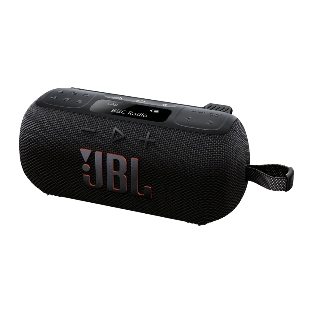 JBL Tuner 3 preto, vista frontal em ângulo: antena FM/DAB estendida, ecrã com 'connected' e logótipo JBL vermelho - Item2