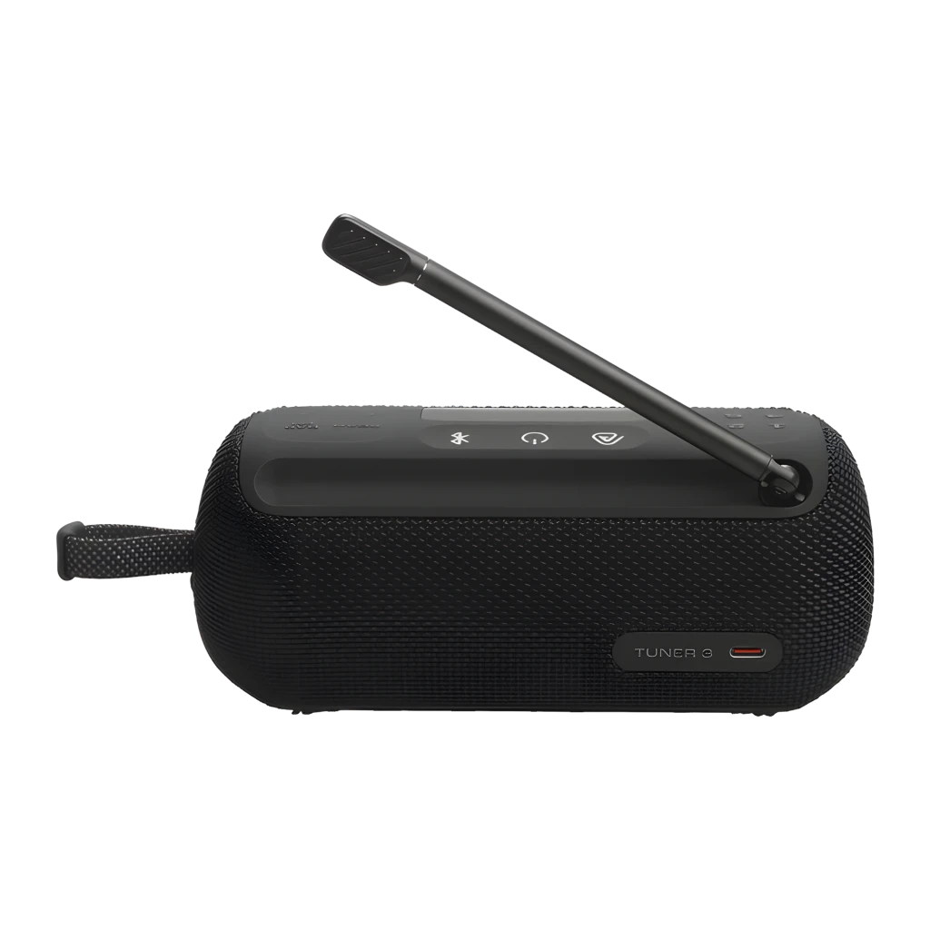 JBL Tuner 3 preto, vista frontal em ângulo: antena FM/DAB estendida, ecrã com 'connected' e logótipo JBL vermelho - Item3