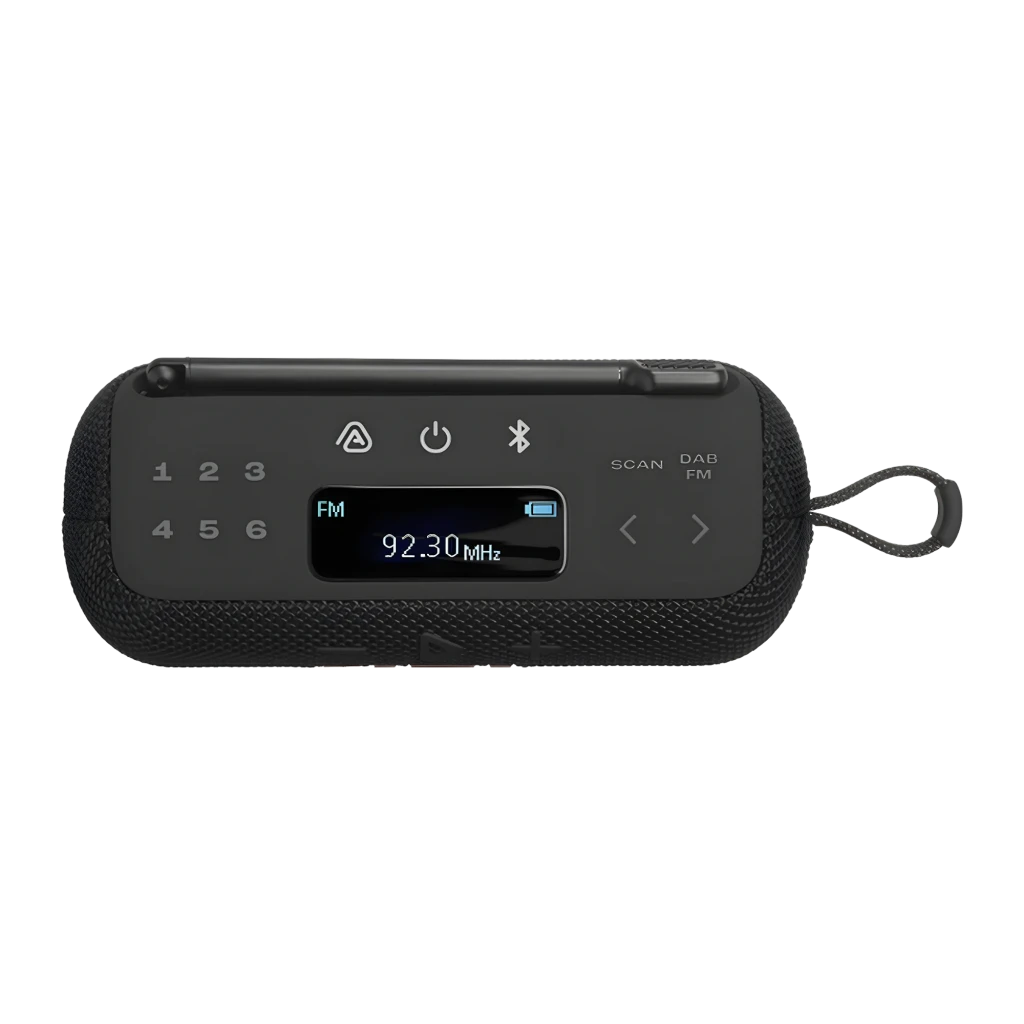 JBL Tuner 3 preto, vista frontal em ângulo: antena FM/DAB estendida, ecrã com 'connected' e logótipo JBL vermelho - Item4