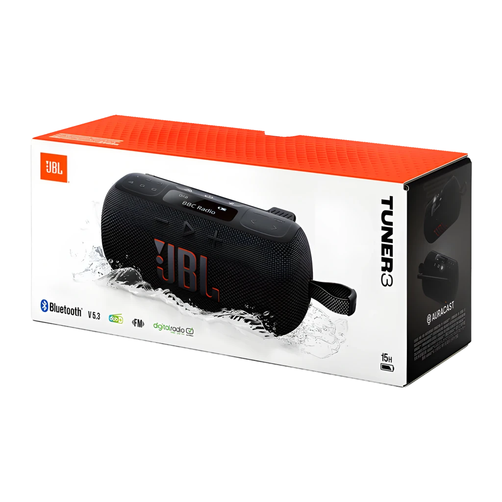 JBL Tuner 3 preto, vista frontal em ângulo: antena FM/DAB estendida, ecrã com 'connected' e logótipo JBL vermelho - Item7