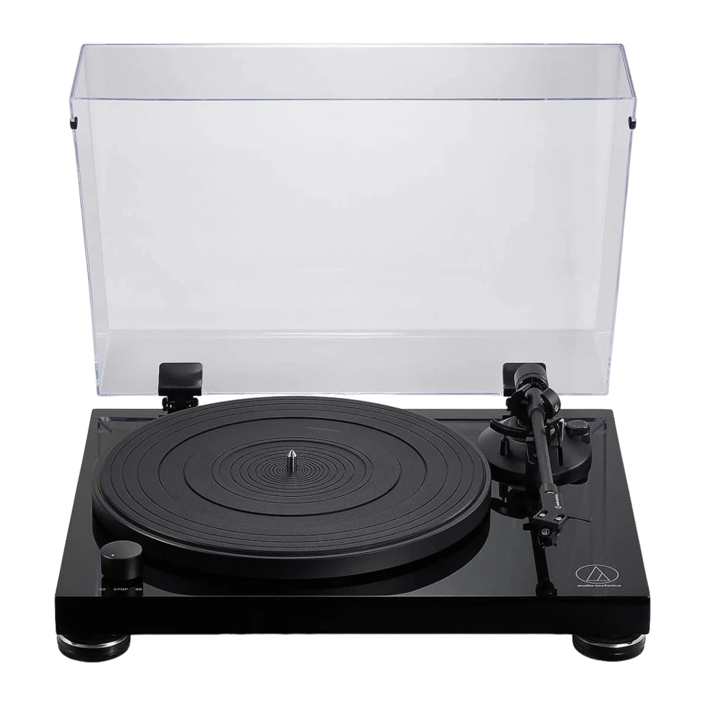 Audio-Technica AT-LPW50PB noir piano, vue en angle: couvercle acrylique ouvert, plateau avec tapis et bras de lecture - Ítem1