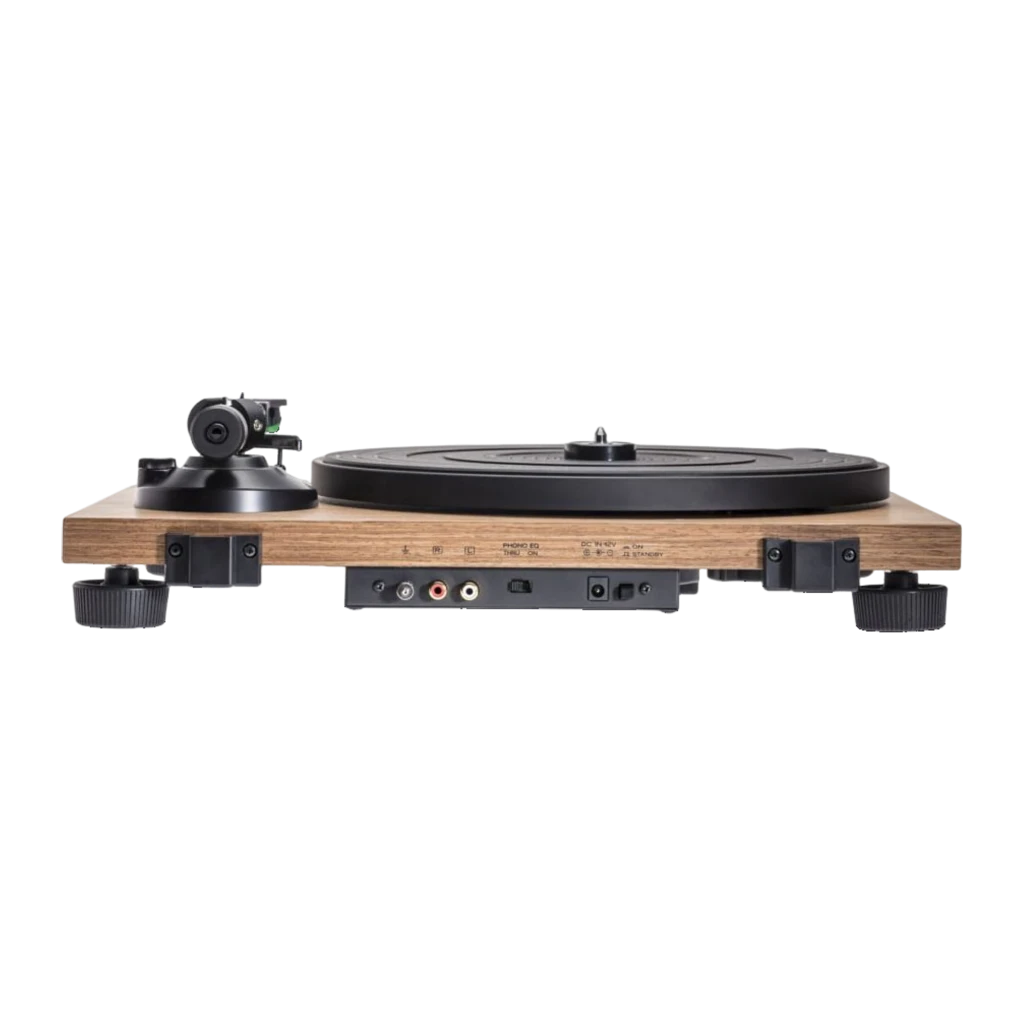 Audio-Technica AT-LPW40WN noir, vue en perspective: couvercle acrylique ouvert, plateau noir et base en bois noyer - Ítem2
