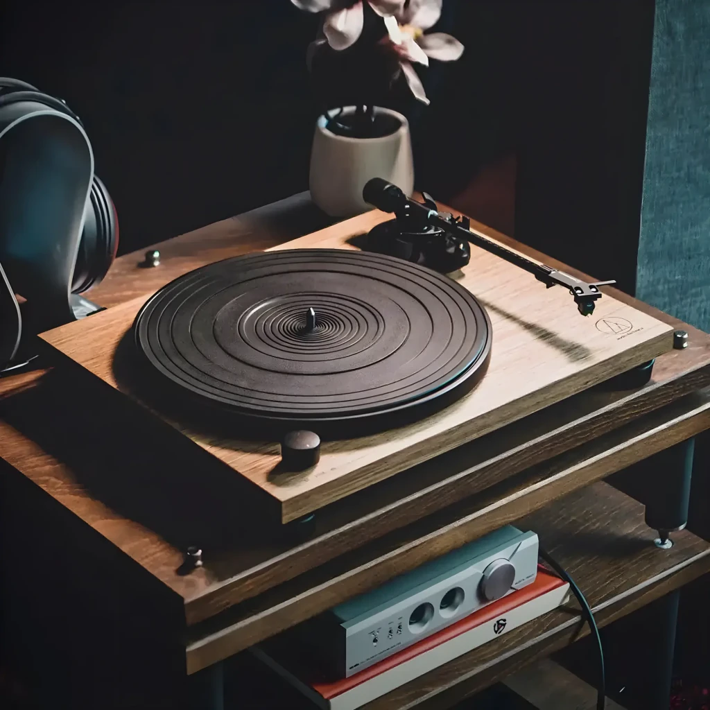 Audio-Technica AT-LPW40WN noir, vue en perspective: couvercle acrylique ouvert, plateau noir et base en bois noyer - Ítem5