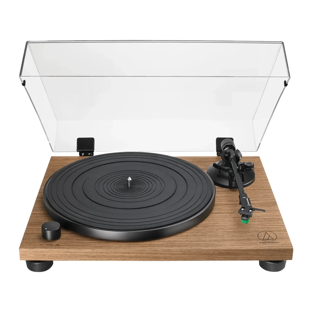 Audio-Technica AT-LPW40WN noir, vue en perspective: couvercle acrylique ouvert, plateau noir et base en bois noyer - Ítem1
