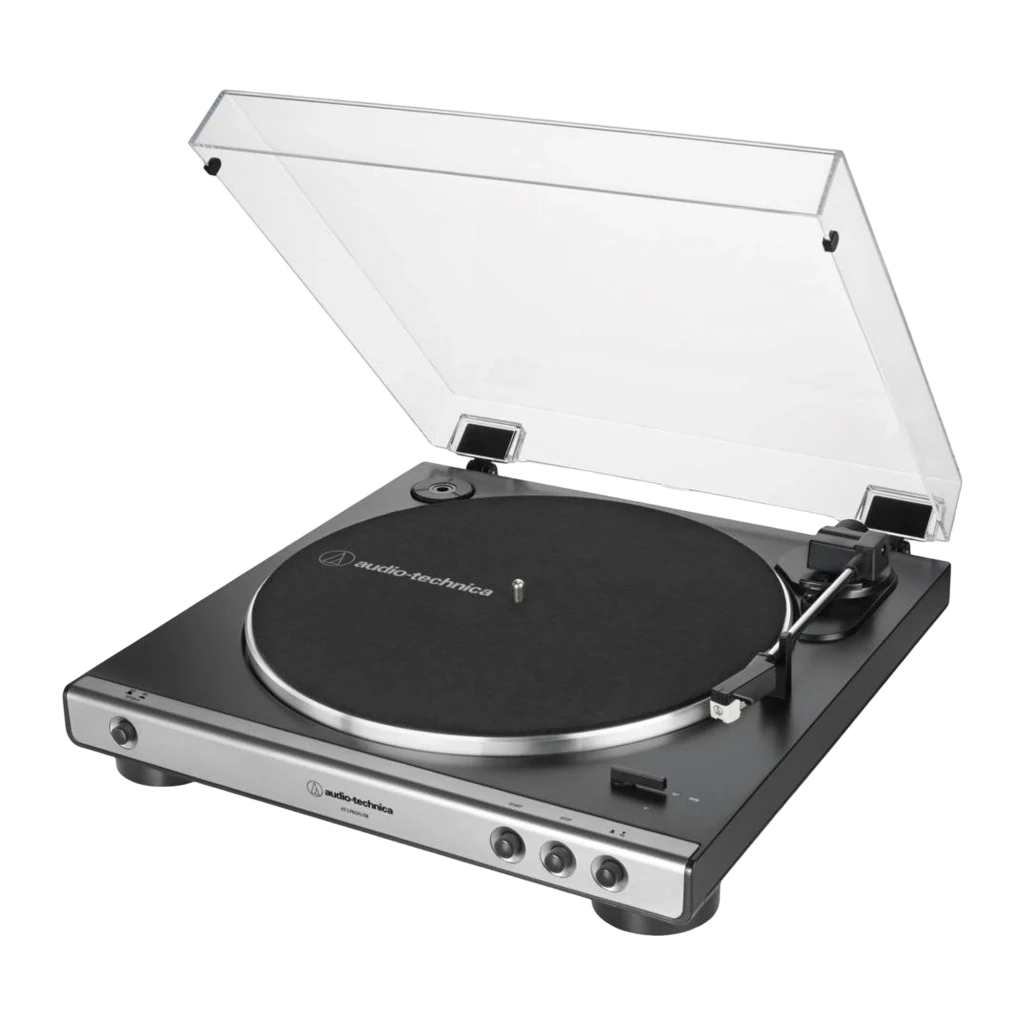 Audio-Technica AT-LP60XUSB gris, vue supérieure avant: plateau avec logo, couvercle acrylique ouvert et bras avec cellule - Ítem1