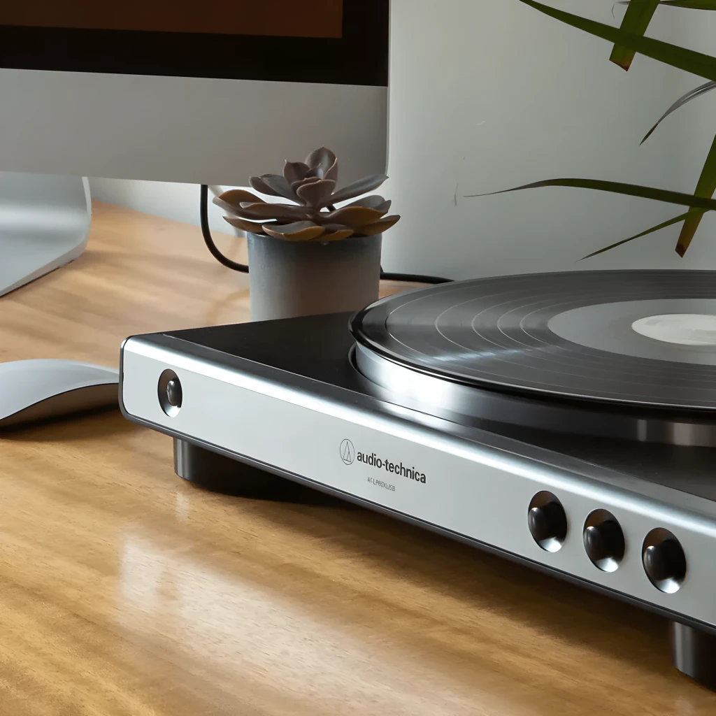 Audio-Technica AT-LP60XUSB gris, vue supérieure avant: plateau avec logo, couvercle acrylique ouvert et bras avec cellule - Ítem5