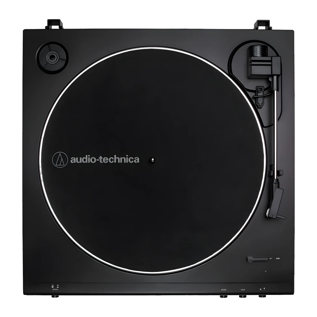 Audio-Technica AT-LP60XUSB gris, vue supérieure avant: plateau avec logo, couvercle acrylique ouvert et bras avec cellule - Ítem3