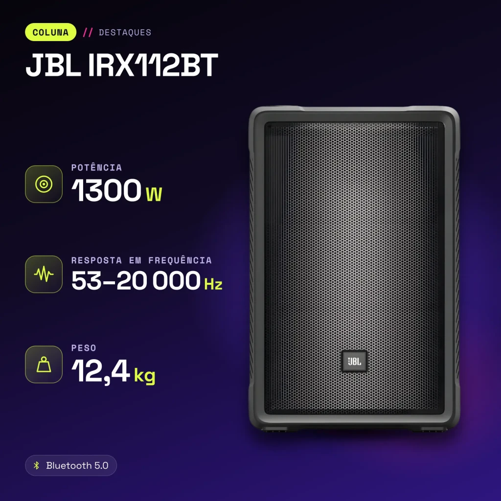 Coluna ativa JBL IRX112BT 1300W Bluetooth 5.0 - características