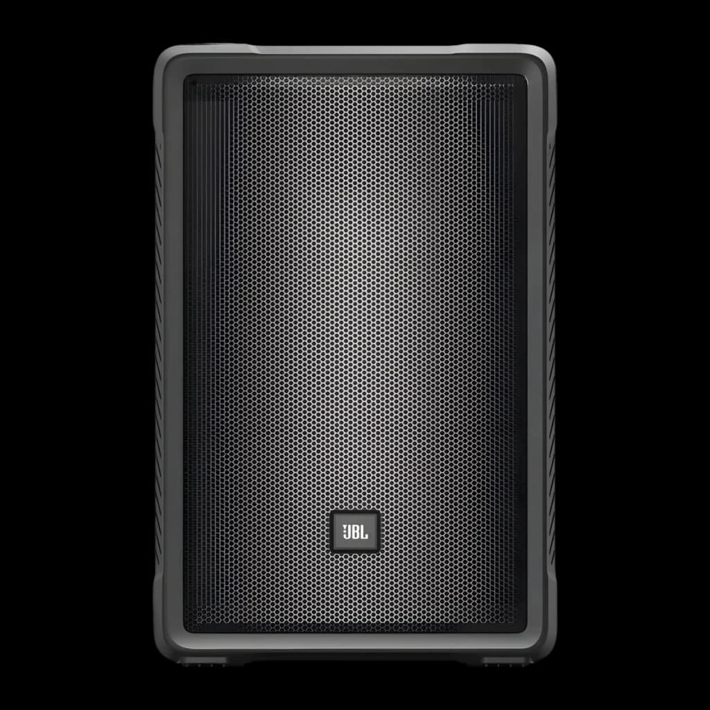 JBL IRX112BT Preto, vista frontal: grade metálica hexagonal e logótipo JBL centrado em caixa preta