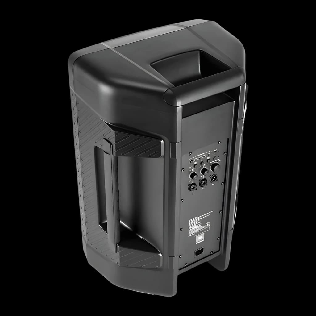 JBL Altifalante ativo IRX112BT preto, vista traseira: painel de conexões com entradas XLR, pegas e grelha lateral