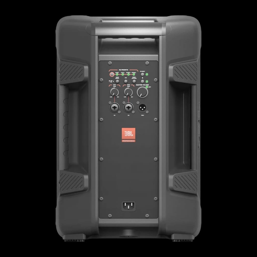 JBL IRX112BT Preto, vista traseira completa: painel de controlo com botões, presets EQ, conectores XLR e pegas laterais