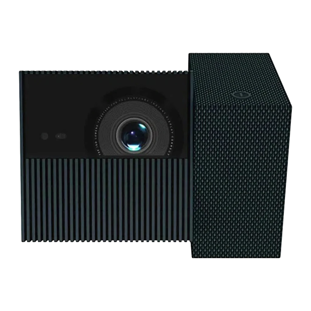 TCL Projetor PlayCube 750L preto, vista diagonal: lente frontal, grelha de ventilação e módulo de altifalante com textura de - Item1