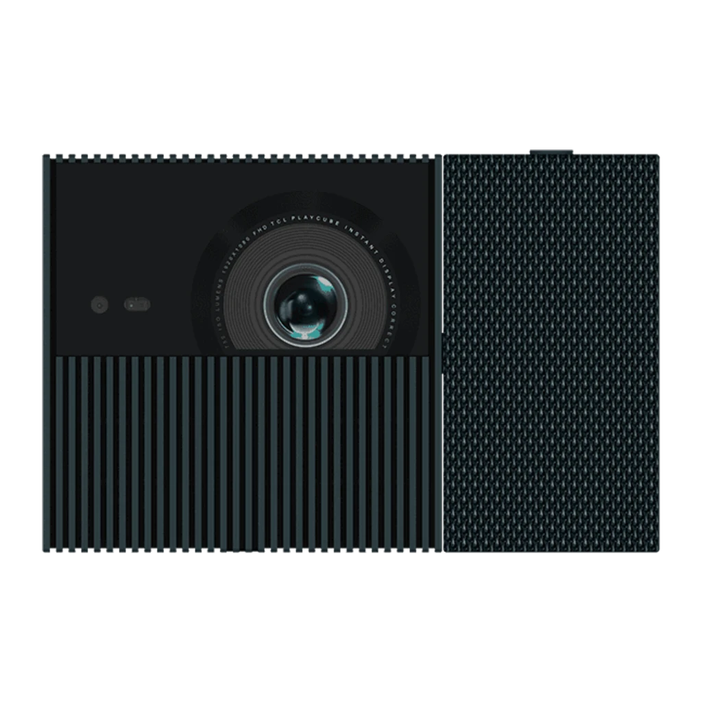 TCL Projetor PlayCube 750L preto, vista diagonal: lente frontal, grelha de ventilação e módulo de altifalante com textura de - Item3