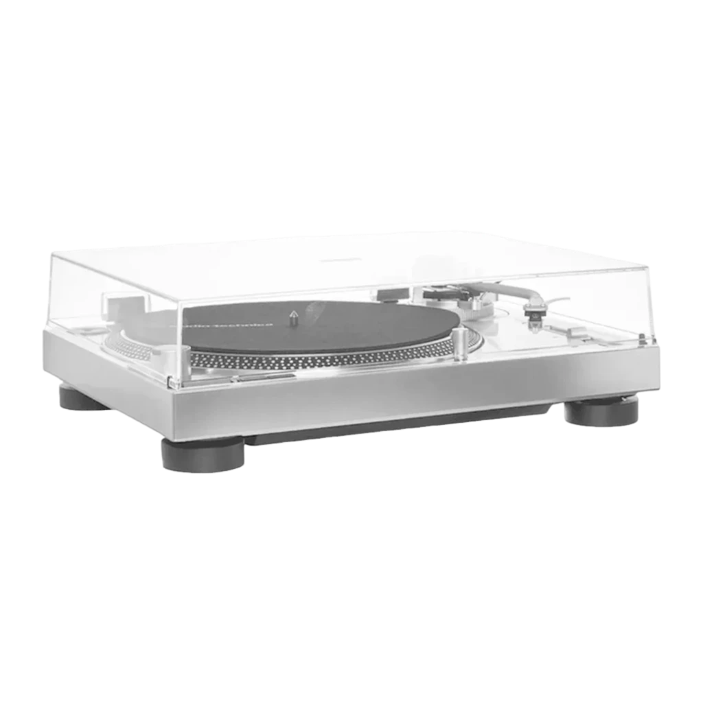 Audio-Technica AT-LP120X Argent, vue principale: couvercle acrylique ouvert, plateau noir, bras tonearm et commandes avant - Ítem2