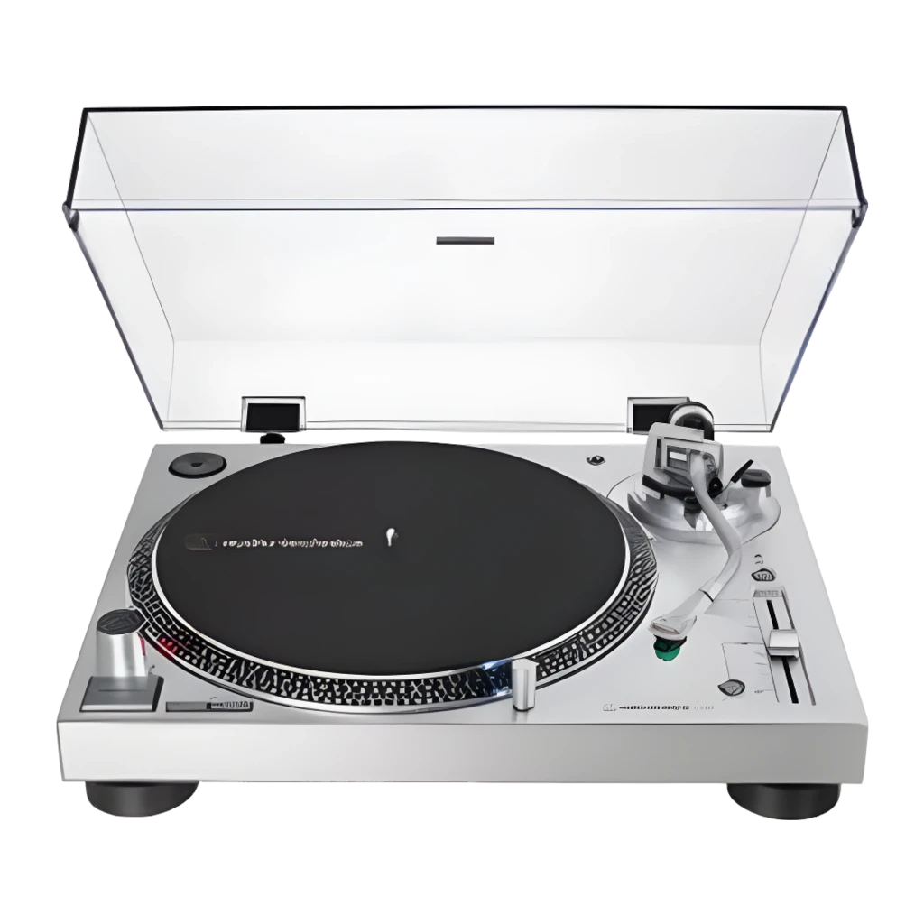 Audio-Technica AT-LP120X Argent, vue principale: couvercle acrylique ouvert, plateau noir, bras tonearm et commandes avant - Ítem1