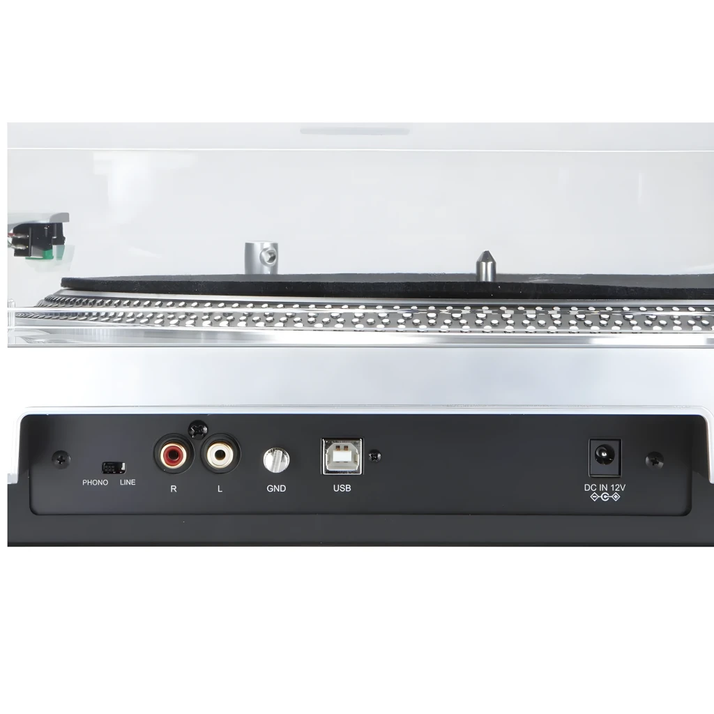 Audio-Technica AT-LP120X Argent, vue principale: couvercle acrylique ouvert, plateau noir, bras tonearm et commandes avant - Ítem4