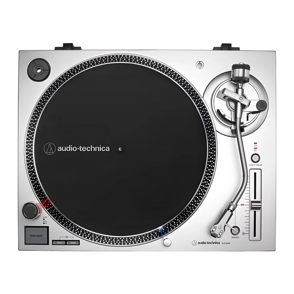 Audio-Technica AT-LP120X Argent, vue principale: couvercle acrylique ouvert, plateau noir, bras tonearm et commandes avant - Ítem3