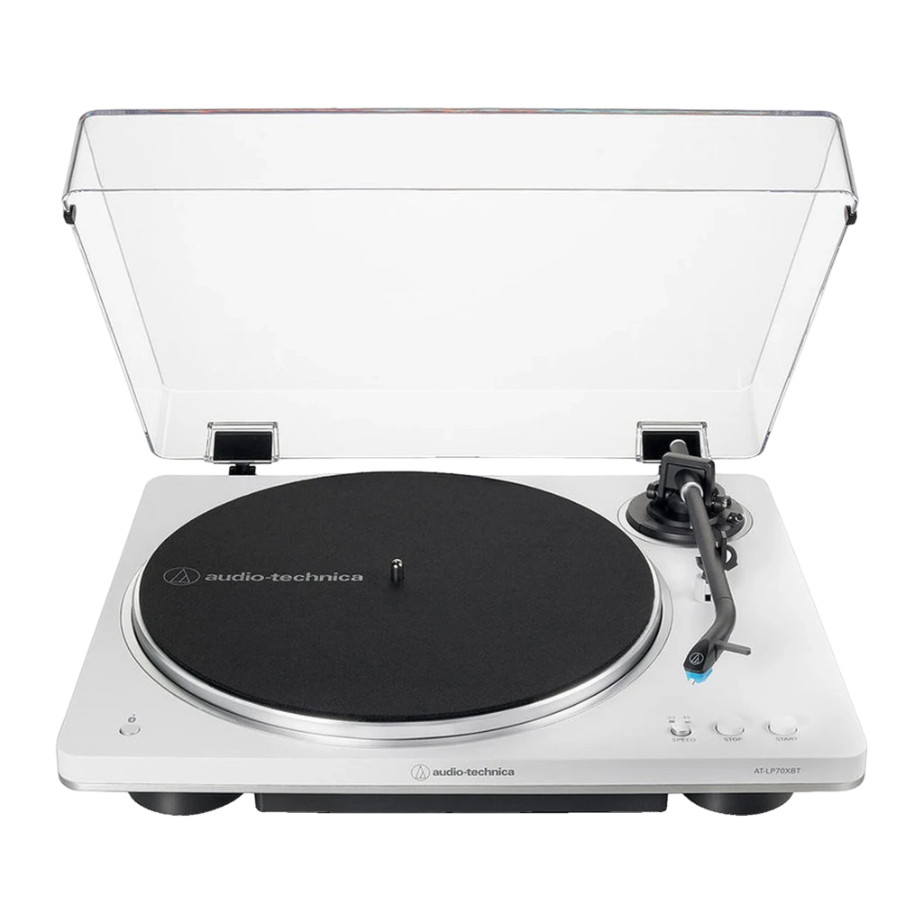 Audio-Technica AT-LP70XBTWS blanc, vue en perspective: couvercle acrylique ouvert, plateau noir avec logo, bras tonearm et - Ítem1